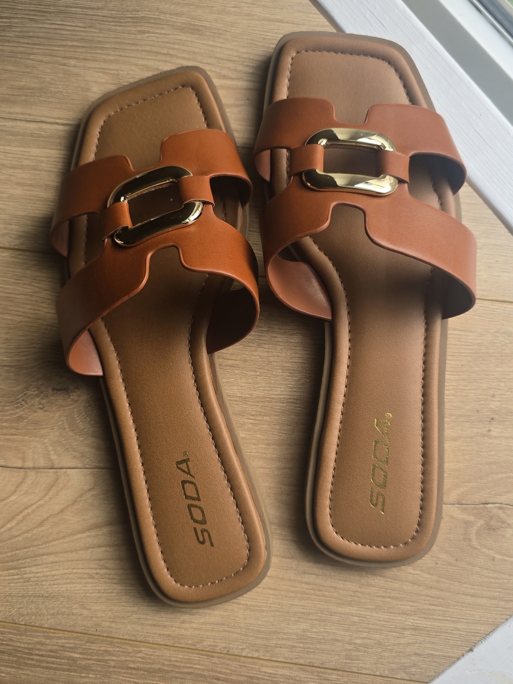 SODA Tan Slide Sandals with Gold Accent Buckle